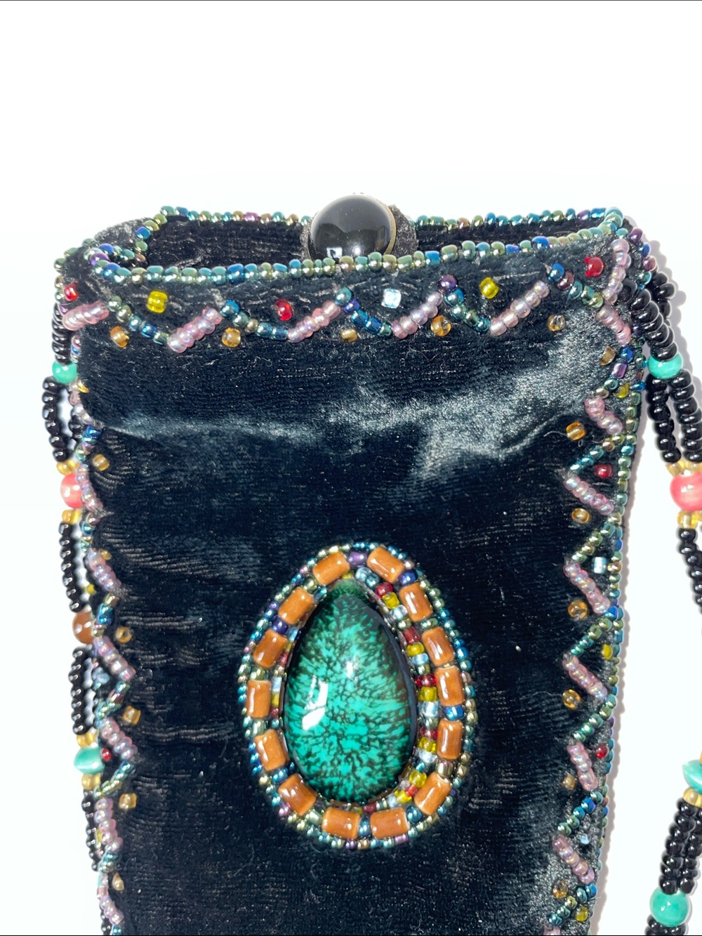 Vintage silk & Black Velvet Beaded Crossbody Pouch with Turquoise Accent - Picture 7 of 8